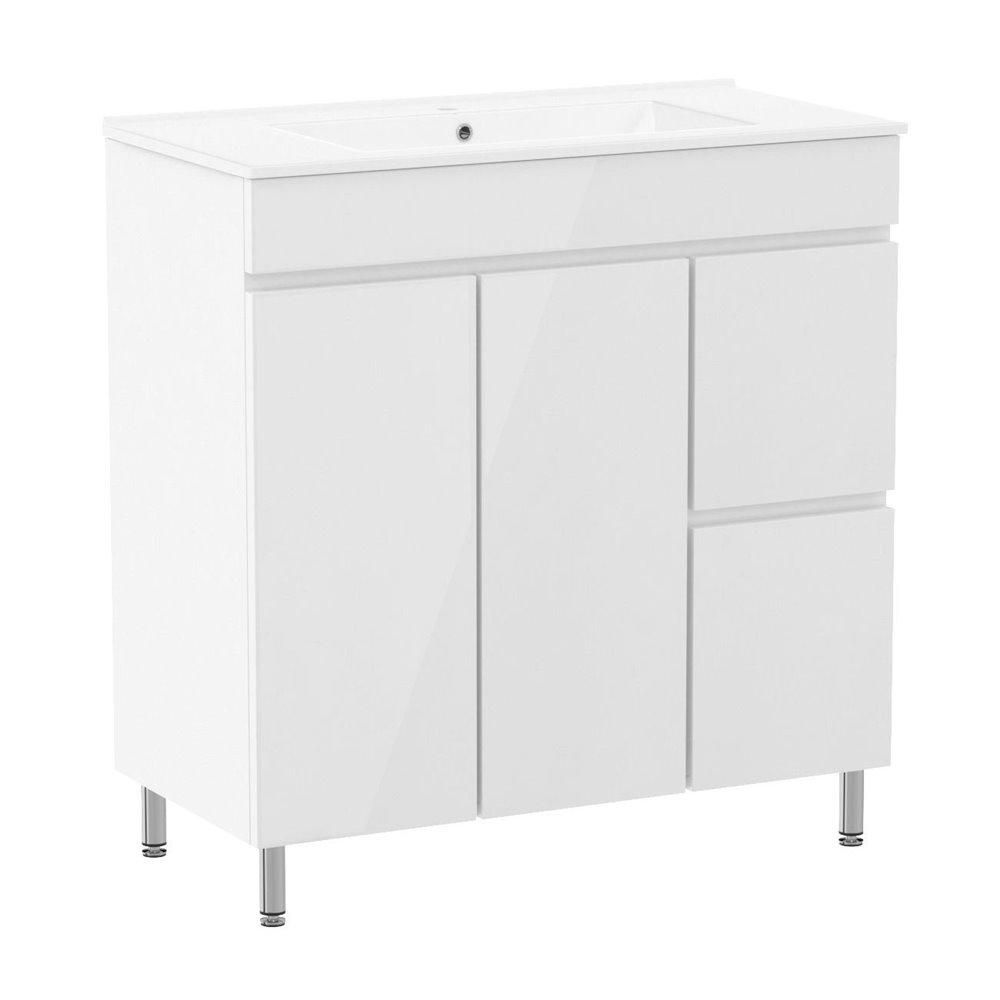 FLY комплект мебели 80см, белый: тумба напольная, 2 ящика, 1 дверца, корзина для белья + умывальник накладной