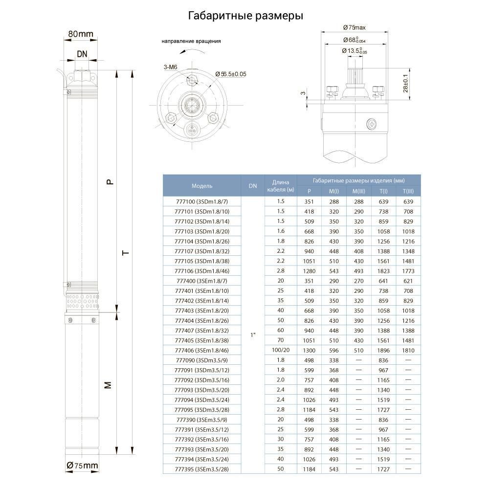 Насос Центробежный Dongyin 1.1Квт H 163(125)М Q 45(30)Л/Мин &Oslash;80Мм 70М Кабеля