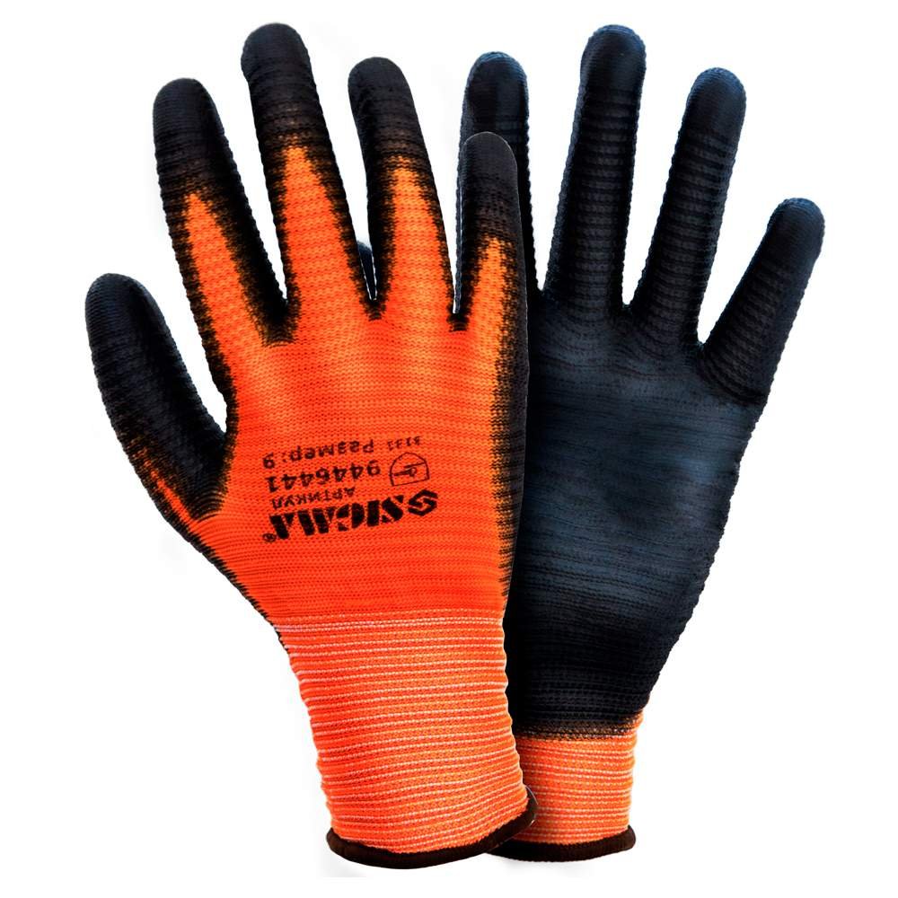 Перчатки Трикотажные С Частичным Пу Покрытием Р9 (Оранжево-Чёрные Манжет)