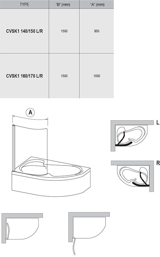 Шторки для ванны Ravak CVSK1-140/150 L Полир.алюм. (Transparent)