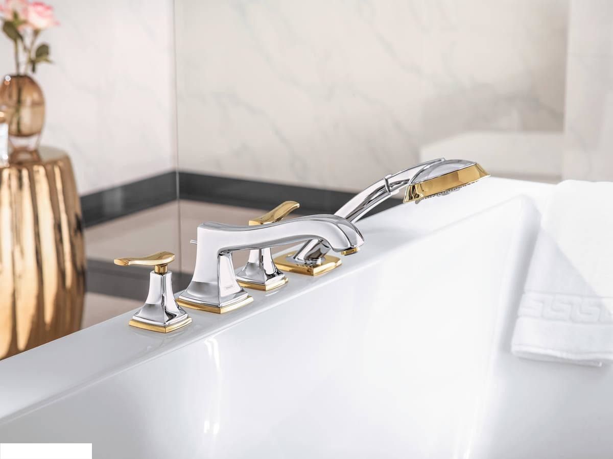 Змішувач на край ванни, Hansgrohe Metropol Classic на 4 отвори, з ручками-важелями, хром/золото