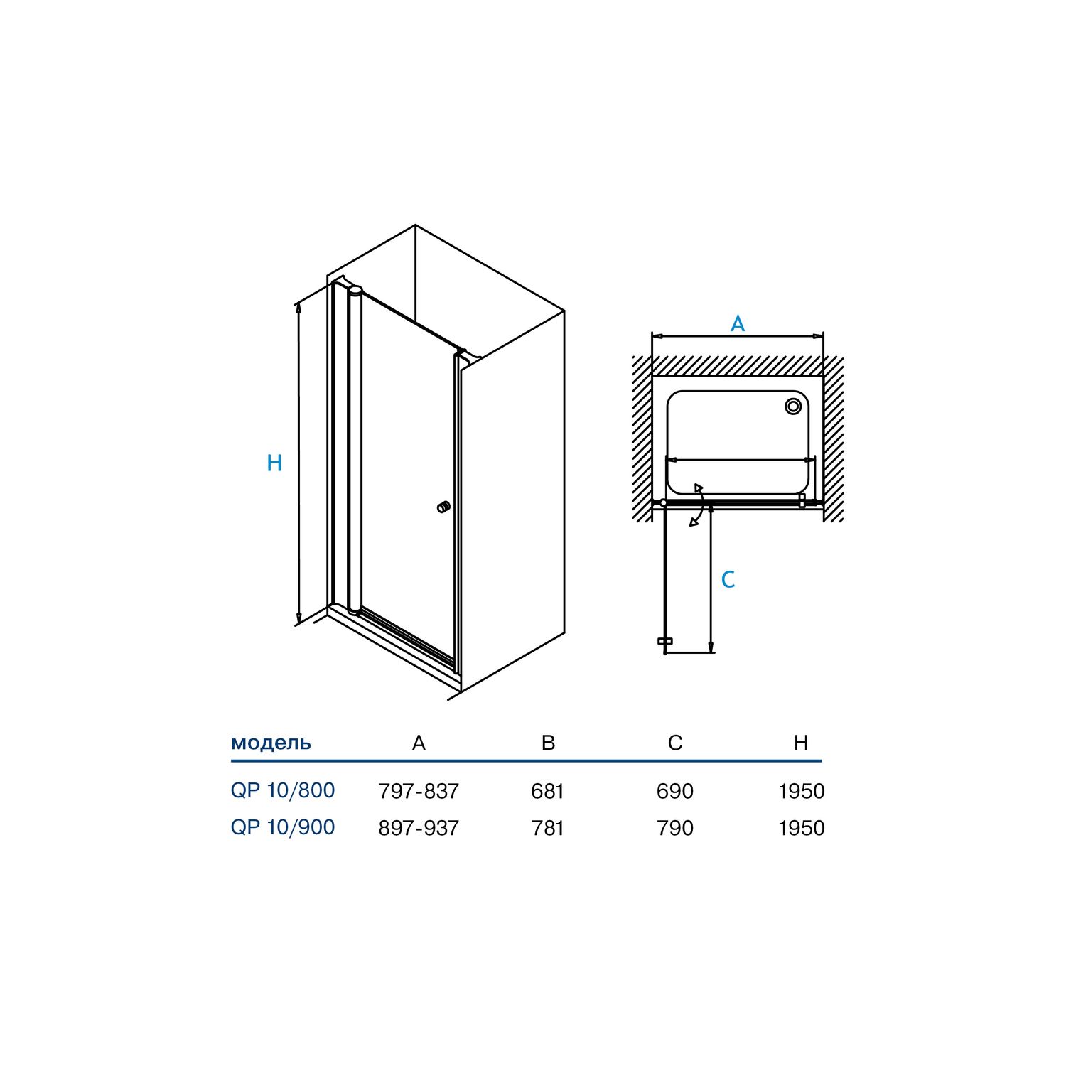Душові двері одноелементні 900х1950 хром; Transparent Koller Pool QP10 900 хром