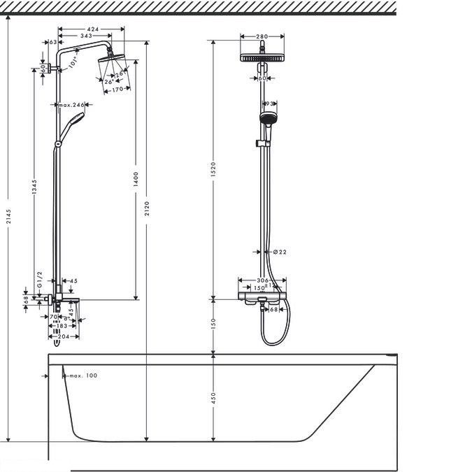 Душова система для ванни Hansgrohe 27687000 Croma E Showerpipe 280 1jet