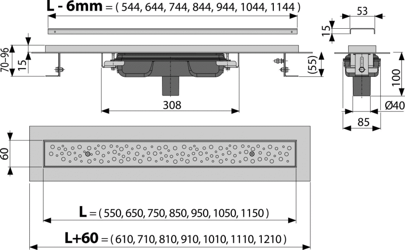 Водовідведення жолобу AlcaPlast з порогами для цільної решітки та фіксованим коміром до стіни APZ1116-750