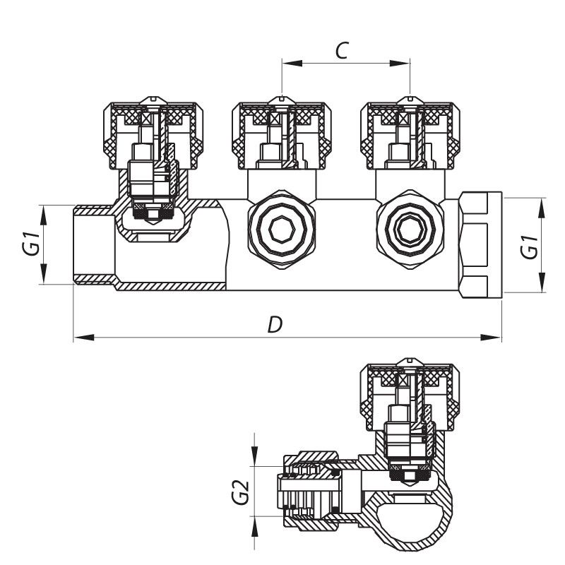 Колектор вентильний з фітингом KOER KR.1122-3 1”x3 WAYS (KR2654)