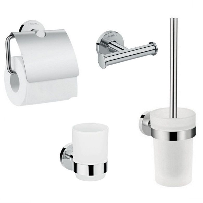 Набор аксессуаров: крючок двойной, держатель туалетной бумаги, стакан, туалетная щётка Hansgrohe Logis (41725000+41723000+41718000+41722000)