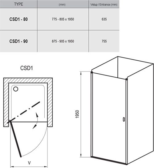 Душевые двери Ravak CSD1-90 satin (Transparent) 0QV70U00Z1