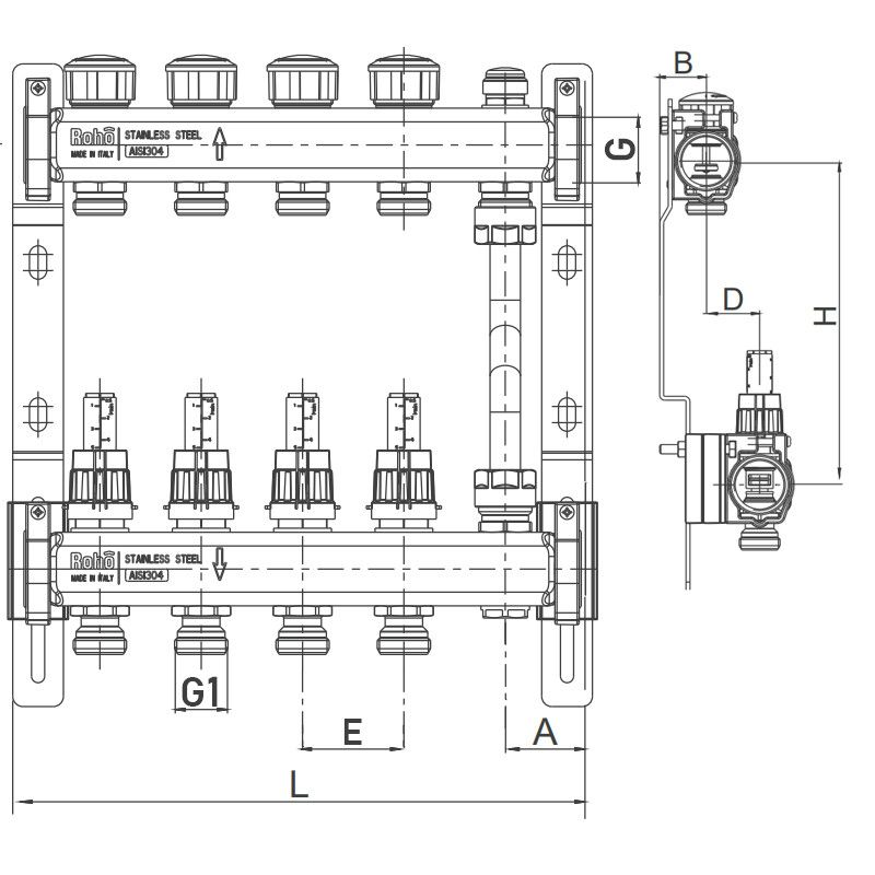 Колектор з витратою та термостатичними клапанами з байпасом Roho R814-04 - 1"х 4 вих. (RO0047)