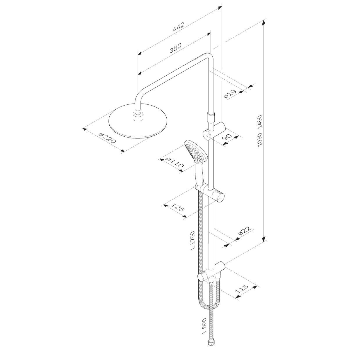 Душова система Gem F0790022, набір: верхній душ d220 мм, ручний душ d 110 мм (1 функція), душова штанга 1030-1460 мм, чорна