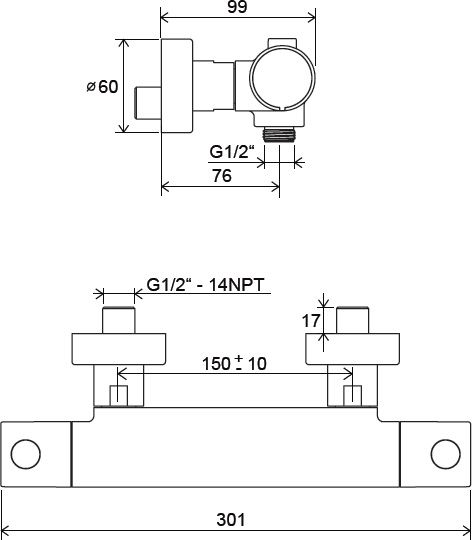 Термостатический настенный смеситель для душа Puri PU 033.00/150 150 мм