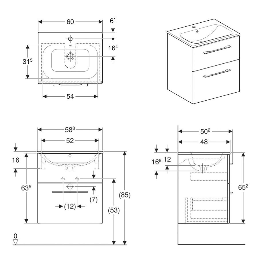 Комплект: умывальник встроенный Geberit Slim Rim, SELNOVA Square с тумбой 58,8*50,2см, с 2мя ящиками, цвет белый