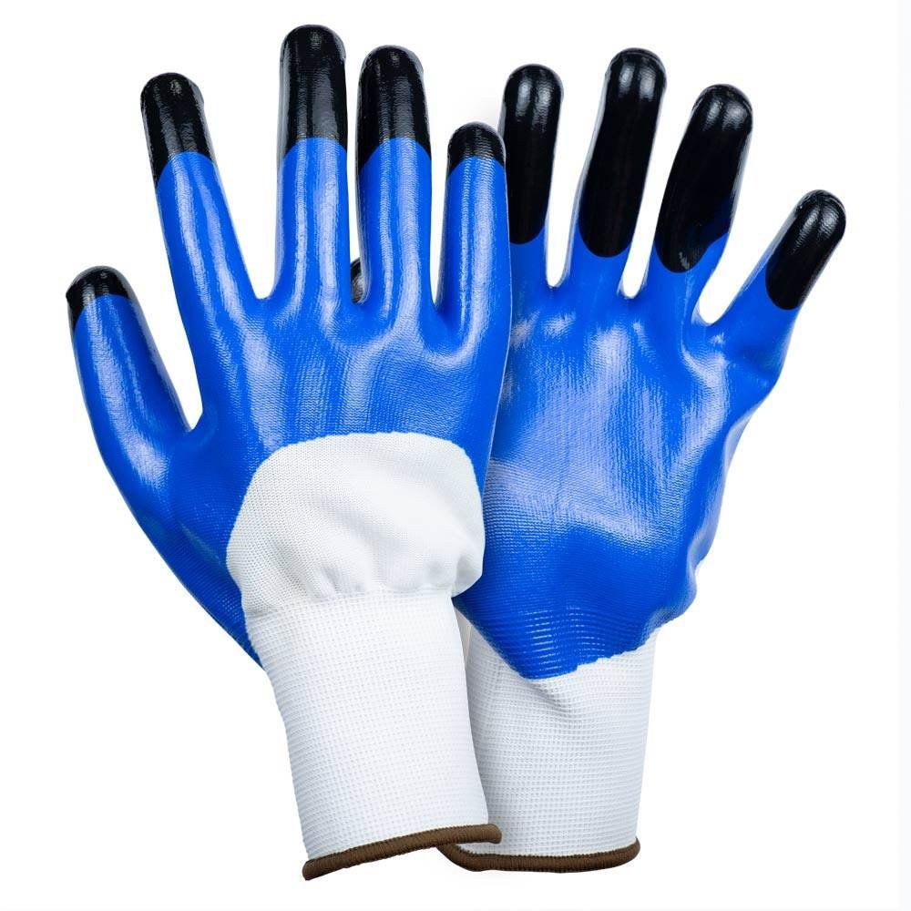 Рукавички Трикотажні з Частковим Нітриловим Покриттям Підсилені Пальці Р9 (Синьо-Чорні Манжети)