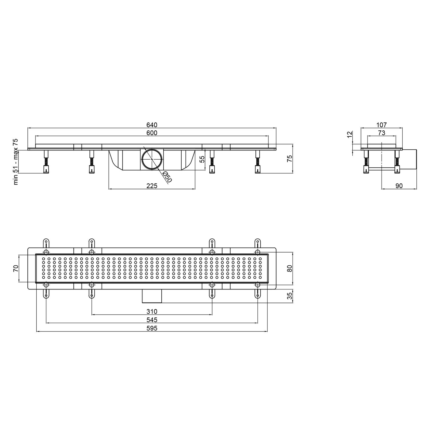 Трап линейный Q-tap Dry FB304-600 с нержавеющей решеткой 600х73