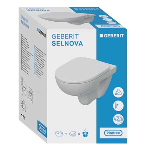 Комплект підвісного унітазу Geberit Selnova воронковидний, Rimfree, зі сидінням з кришкою SoftClose, QuickFix, 53см, Білий (501751001)