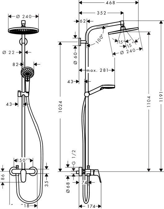 Душевая система с однорычажным смесителем, хром Hansgrohe Crometta S 240 1jet Showerpipe