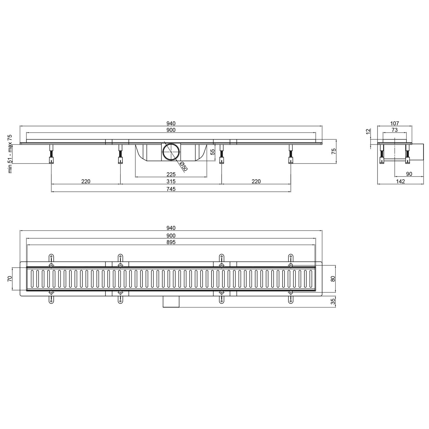 Трап линейный Q-tap Dry FB304-900 с нержавеющей решеткой 900х73
