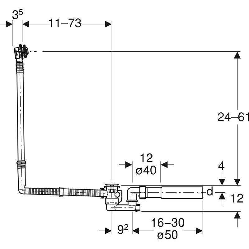 Слив-перелив удлиненный с сифоном для ванны, с поворотным механизмом, d52, длина 73 см, видимые элементы хром глянец (d=40/50мм) (150.525.21.6 )