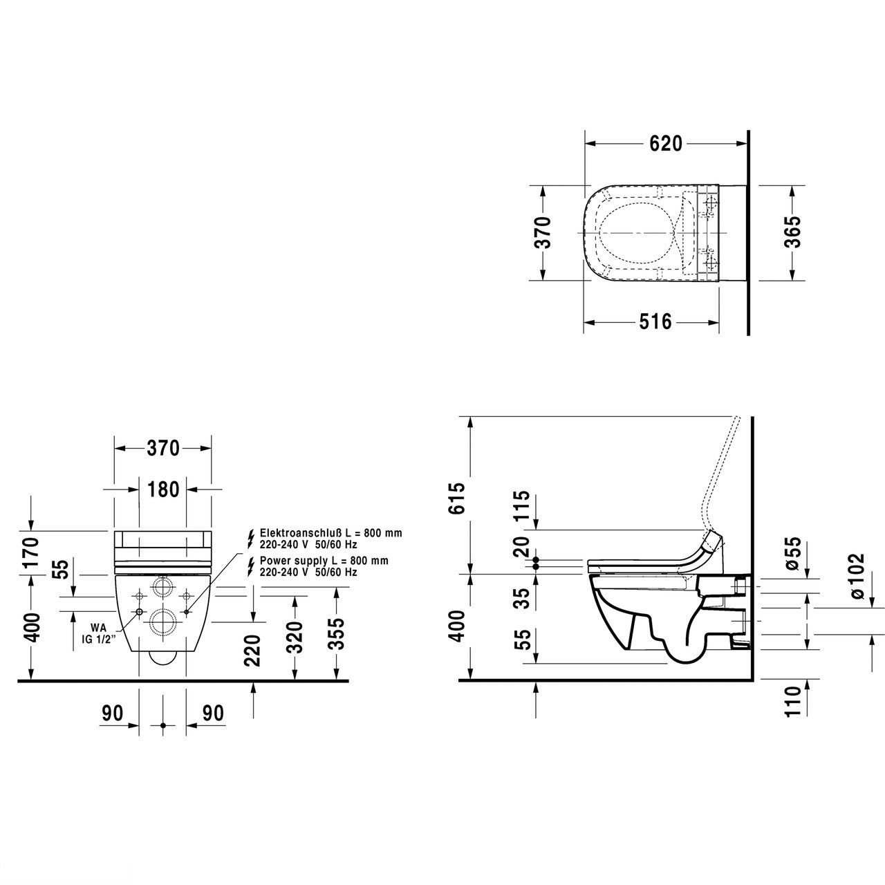 Туалет Duravit 36,5*62см, HAPPY D2, підвісний, Rimless, з вертикальним змивом, тільки в поєднанні зі Сидінням SensoWash, з покриттям HygieneGlaze