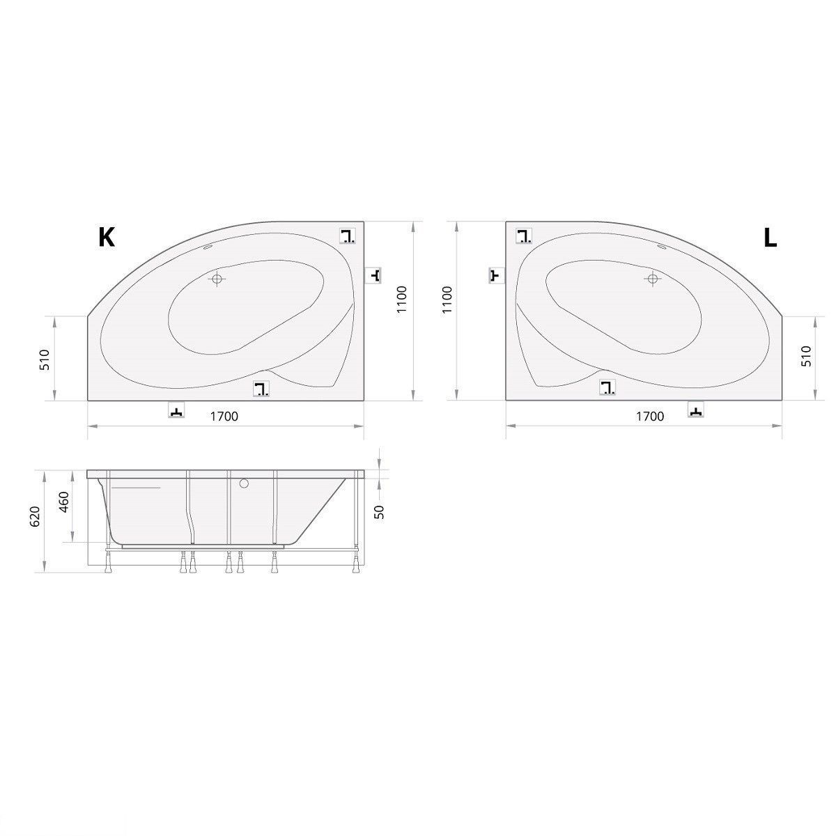 Акрилова ванна PAA VACE/L/00 CELLO на рамі правостороння 1700х1100+PACEA/L/00 Фронтальна панель, білий