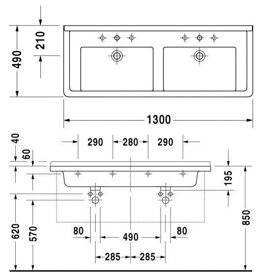 Подвійний Раковина Duravit Cersanit STARCK 3 для меблів, 1300х485 мм