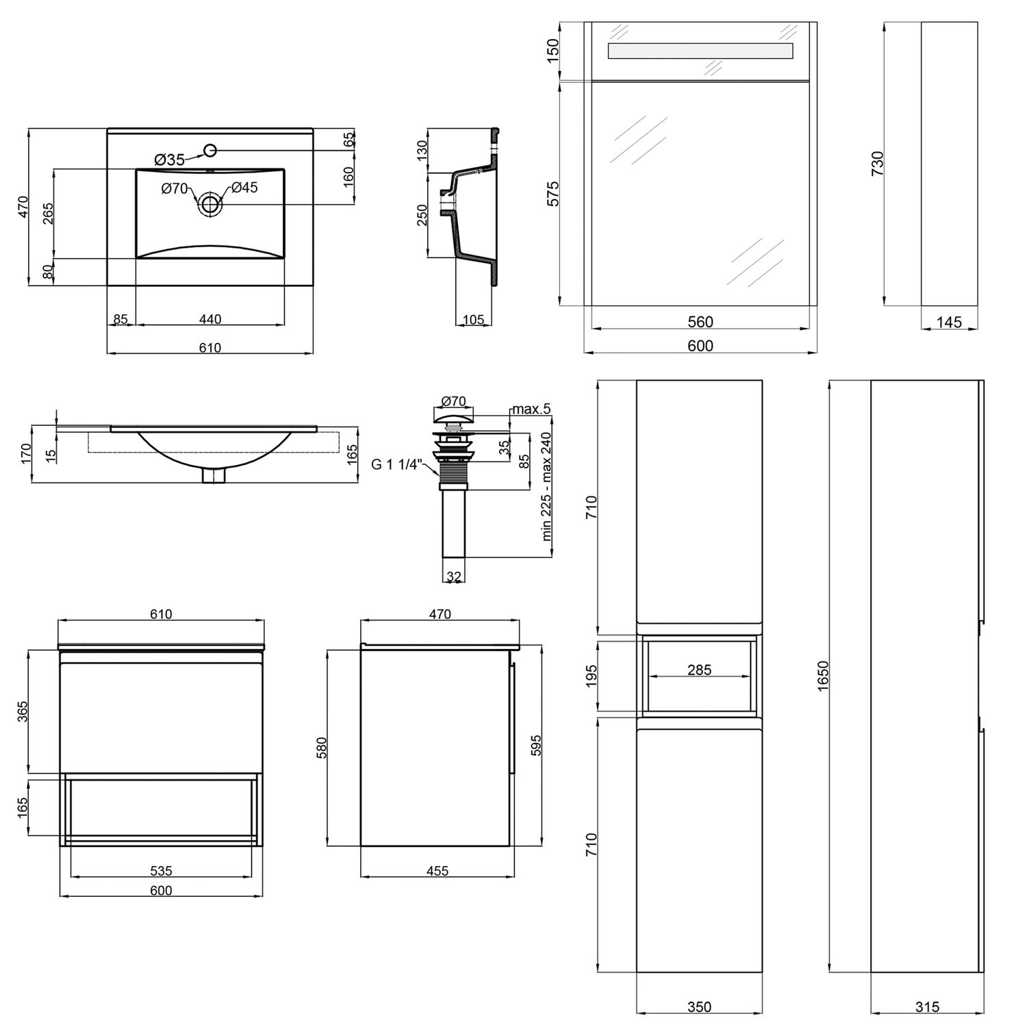 Комплект мебели для ванной Qtap Robin тумба с раковиной + зеркальный шкаф + пенал QT044RO42969