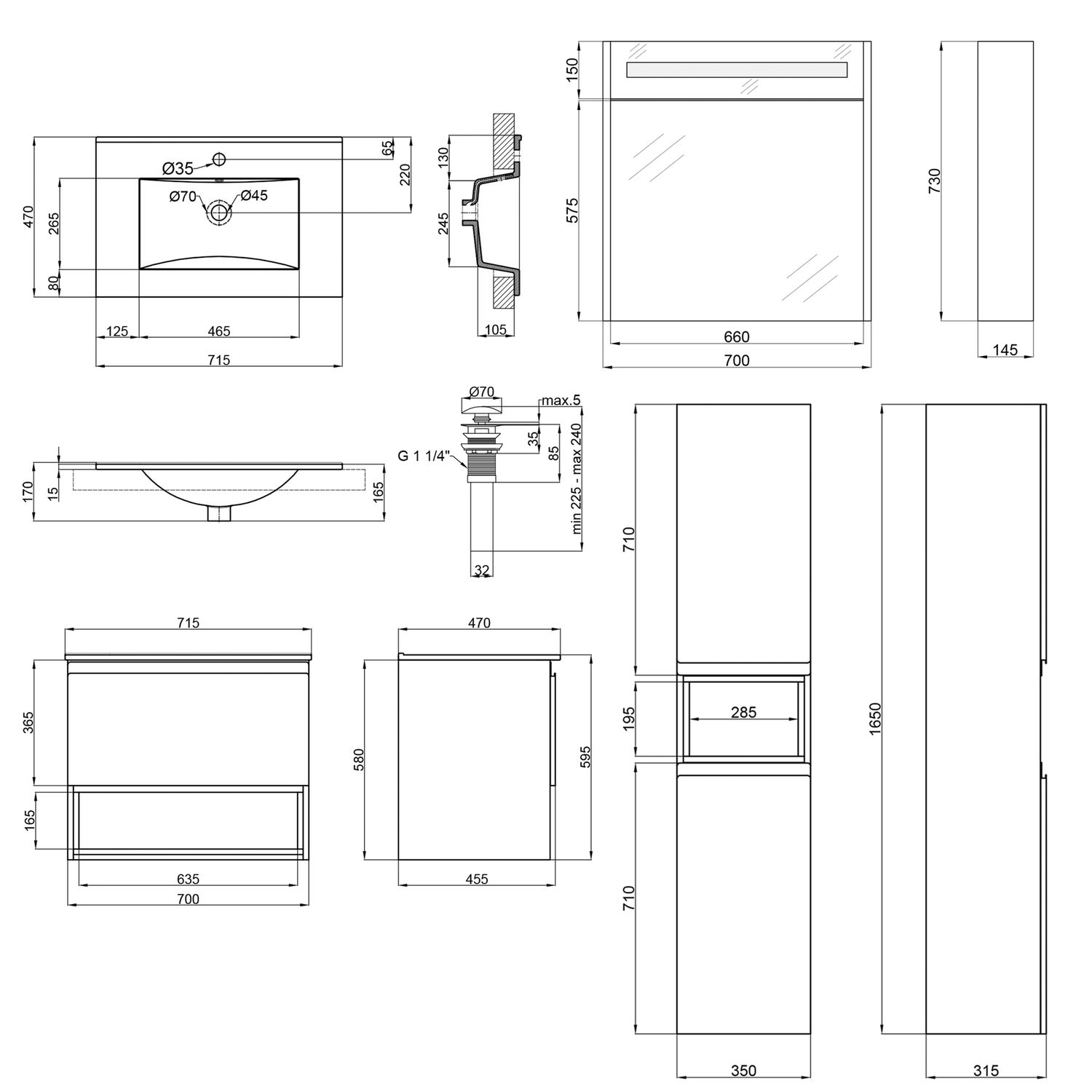 Комплект меблів для ванної Qtap Robin тумба з раковиною + дзеркальний шафа + пенал QT044RO42970