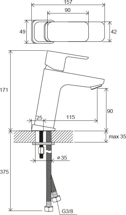 Змішувач для умивальника 170 мм, Ravak без відкривання стоку 10° TD F 01400