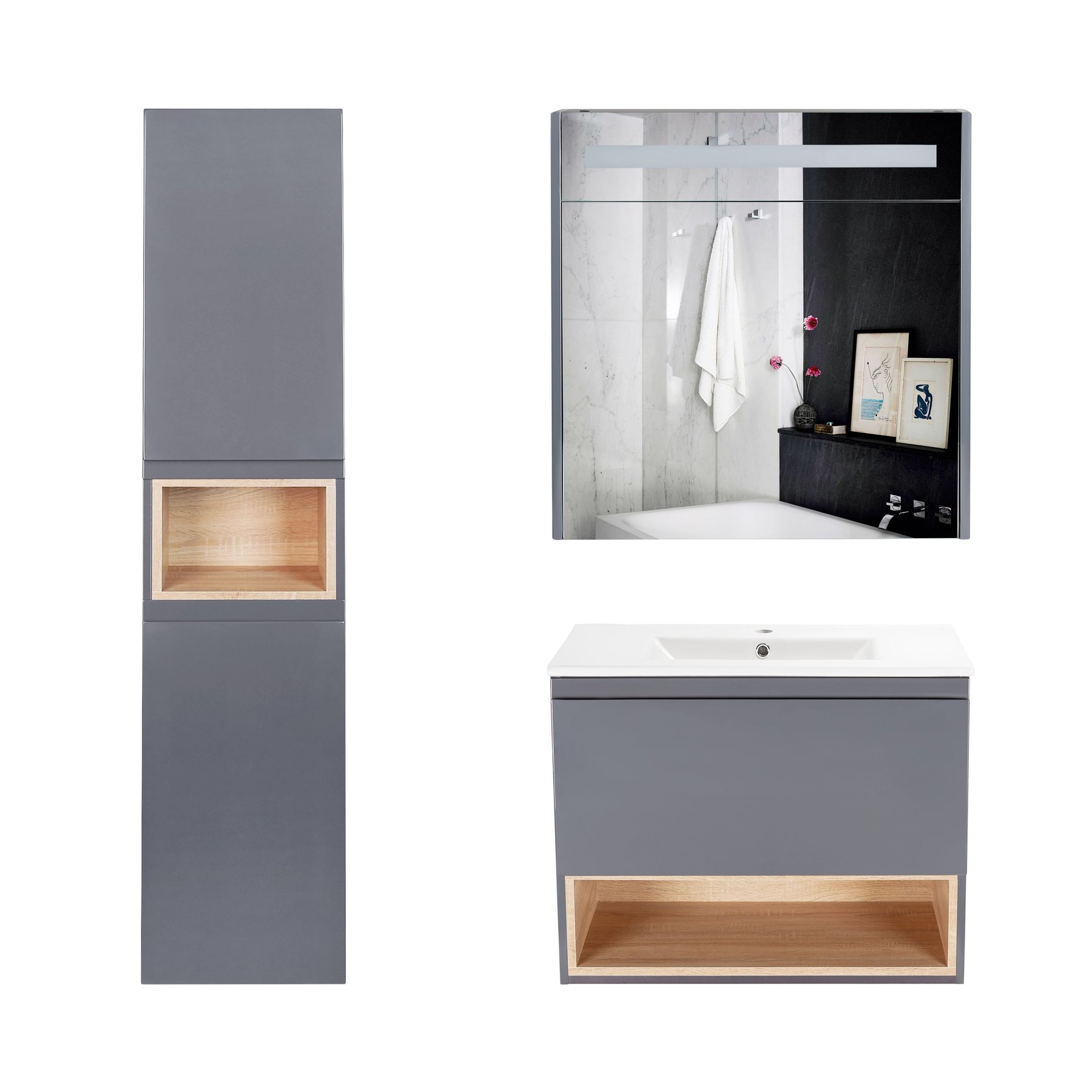 Комплект мебели для ванной Qtap Robin тумба с раковиной + зеркальный шкаф + пенал QT044RO42973