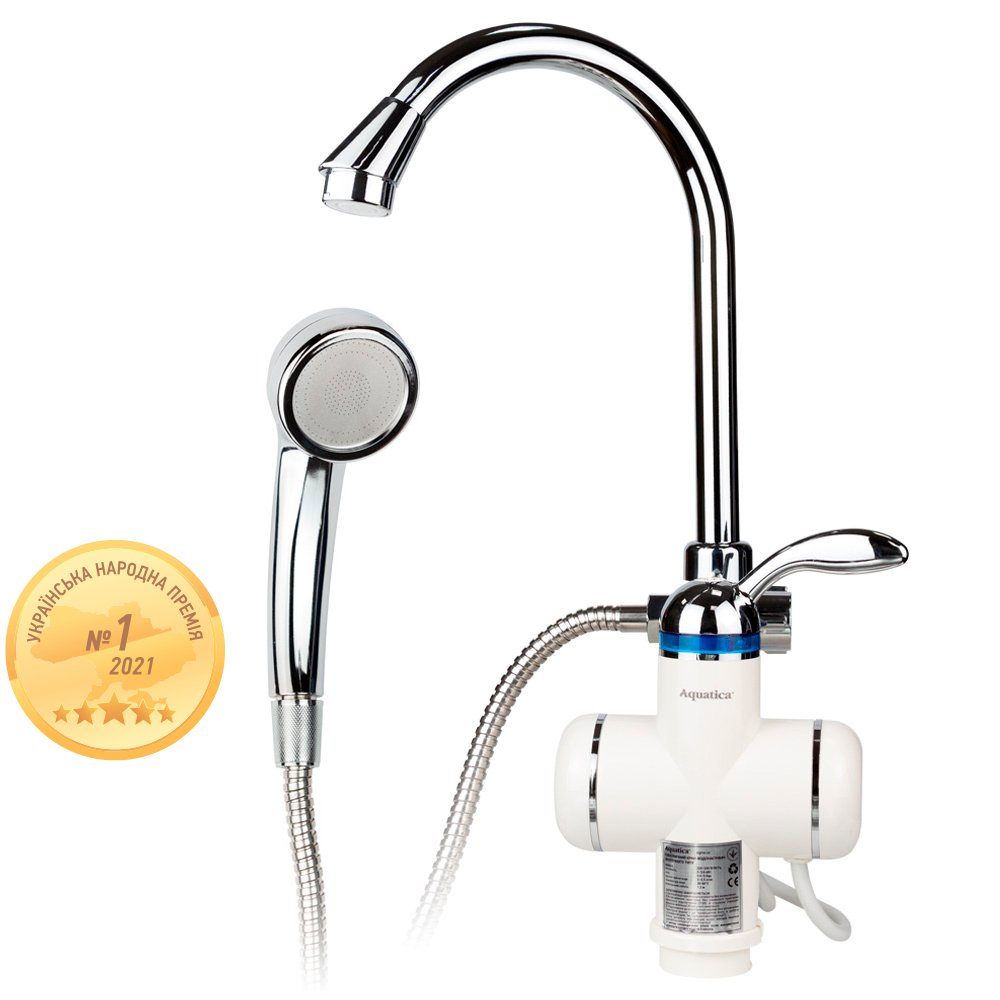 Кран-водонагреватель проточный S95 3.0Квт 0,4-5Бар для ванны Aquatica, гусак ухо на гайке (Lz-6C111W)