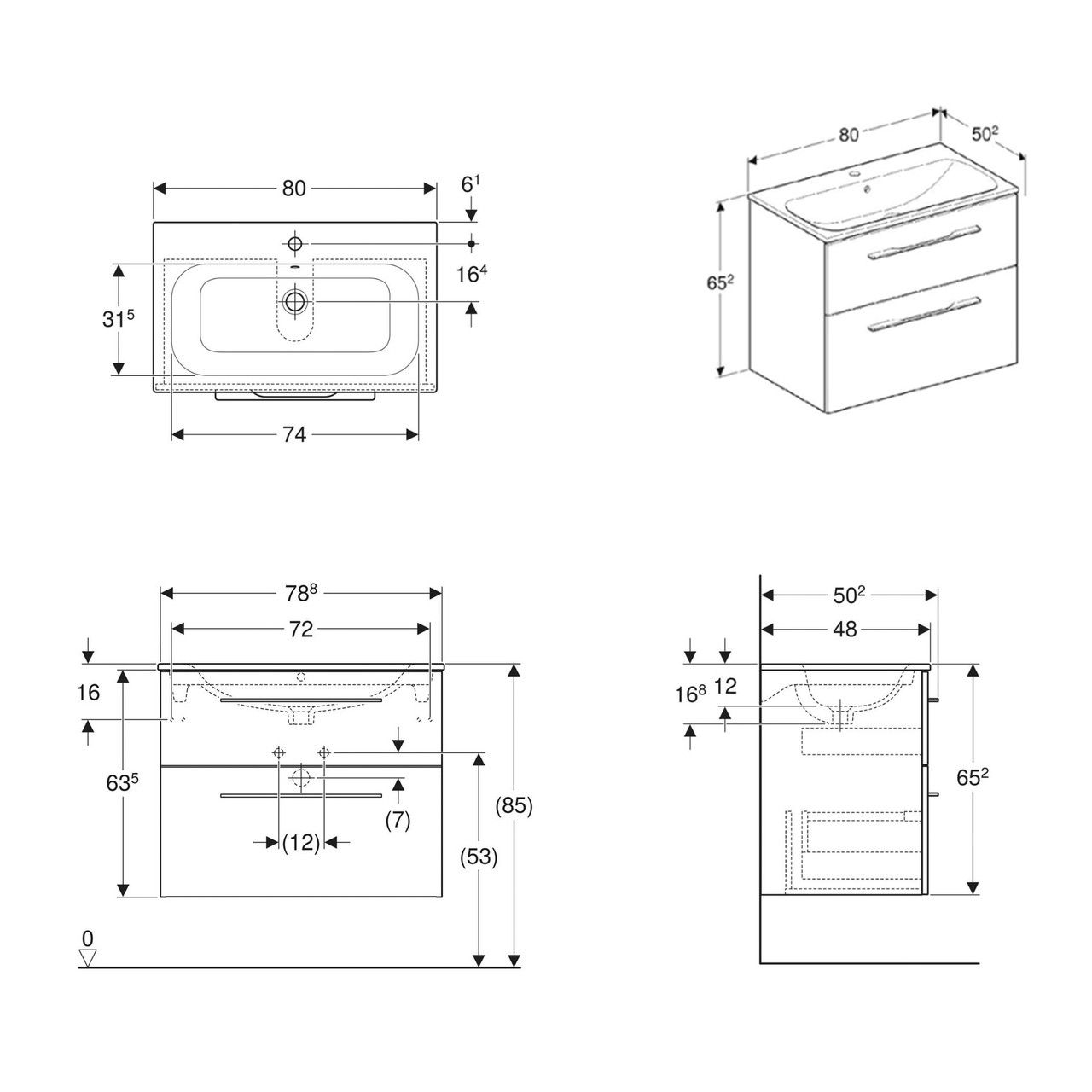 Комплект: умывальник встроенный Geberit Slim Rim, SELNOVA Square с тумбой 78,8*50,2см, с 2мя ящиками, цвет тёмный орех