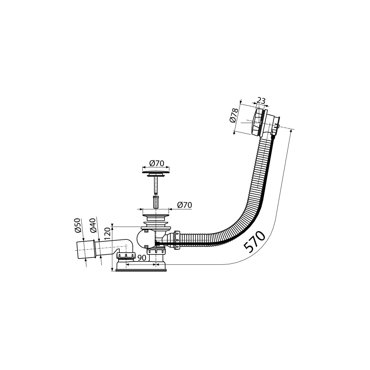 Сифон для ванни автомат комплект метал 57см (KollerPool) - A55KM