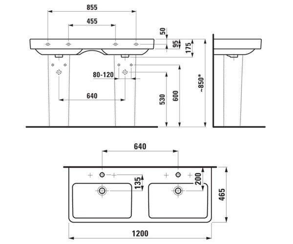 Раковина Laufen PRO S 1200*460*175мм, двойна, з одним отвором під змішувач