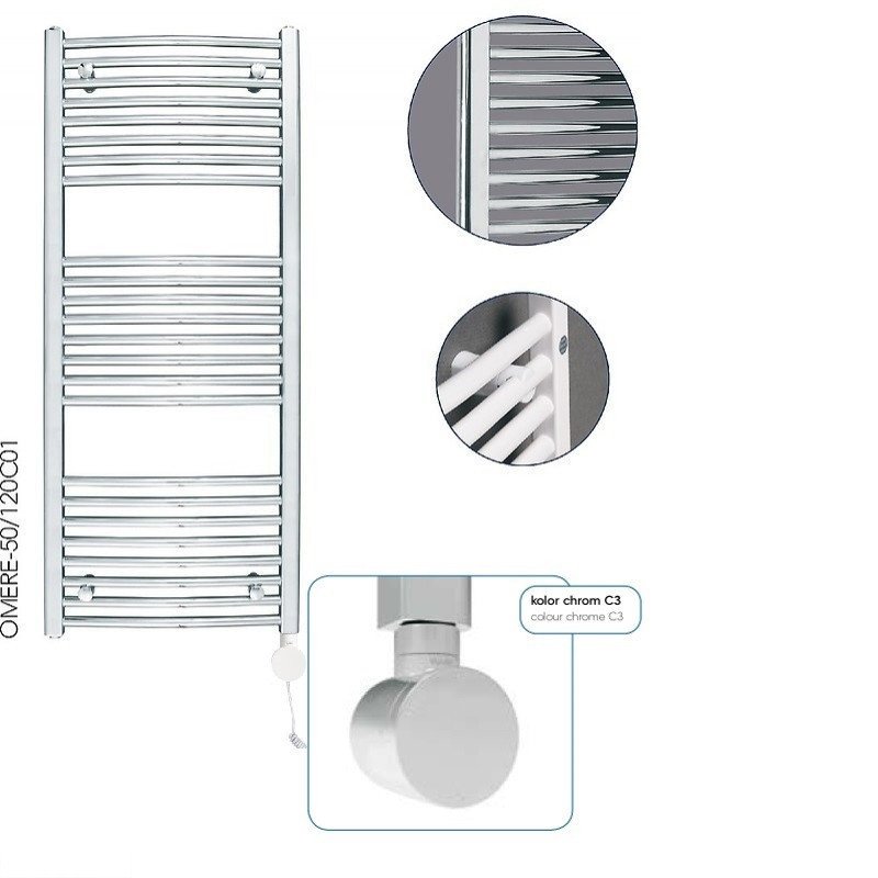 OMERE-50/120C01 Полотенцесушитель электрический, укомплектована теном YUUKI-03C3, хром