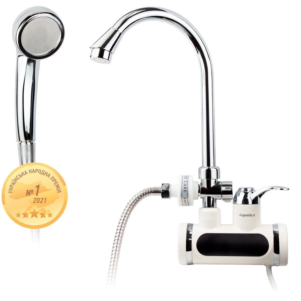 Кран-водонагрівач проточний S93 3.0Квт 0,4-5Бар для ванни Aquatica, гусак вухо настінний гайці (Jz-7C141W)