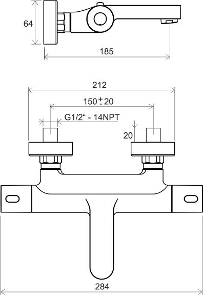 Термостатический смеситель для ванны 300, Termo ТЕ 023.00/150 настенный без лейки 150 мм