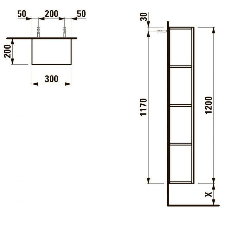 Тумба середня Laufen KARTELL 300*200*1200мм, підвісна, фасад дзеркало, відкр. полички з обох боків, колір білий.