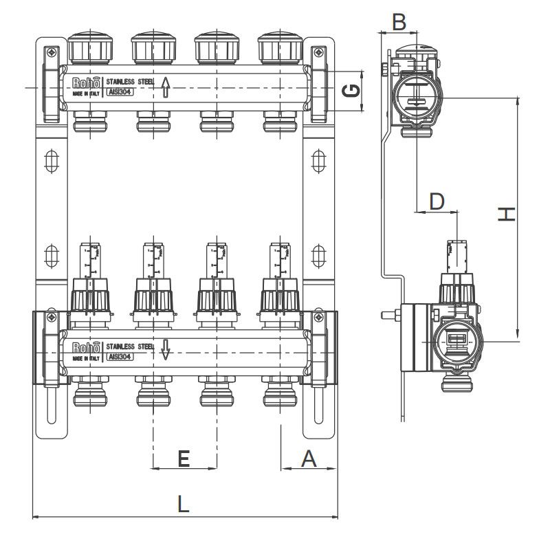 Колектор з розхідоміром та термостатичними клапанами Roho R804-04 - 1"х 4 вих. (RO0036)